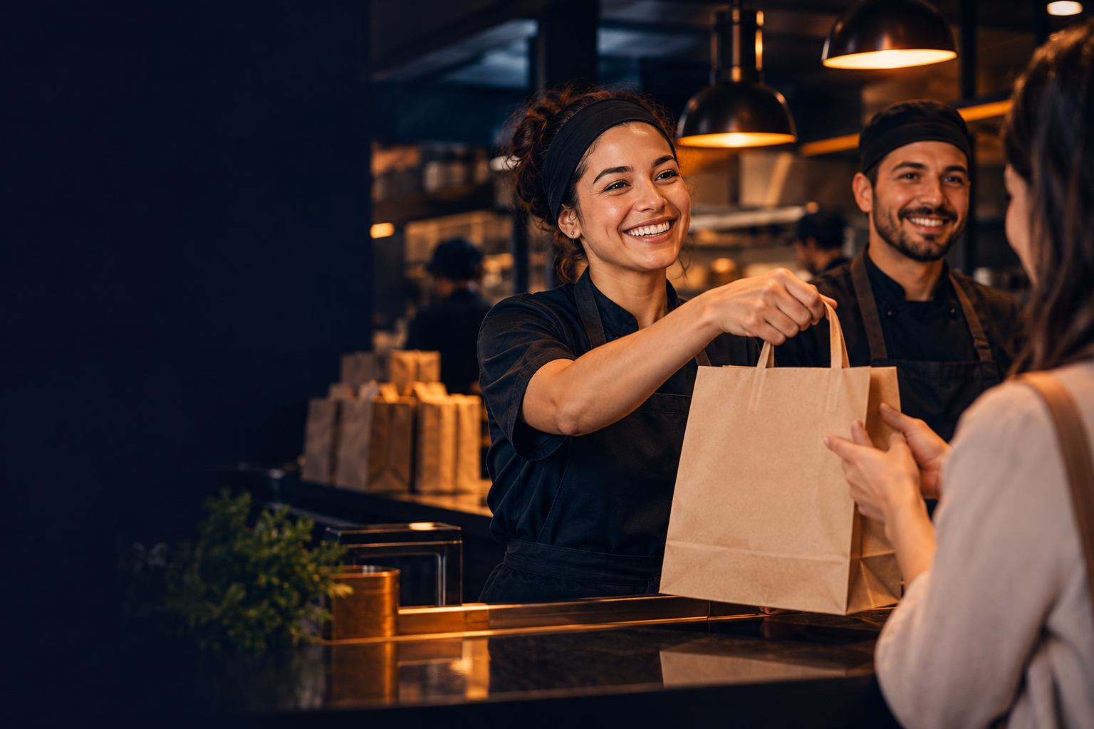 Cena ilustrativa de atendimento e retirada de pedidos em um restaurante